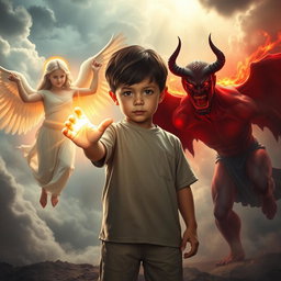 A dramatic scene depicting a young boy standing confidently between two contrasting forces, his right hand glowing with brilliant light representing the power of good, and his left hand shrouded in dark shadows symbolizing the power of evil