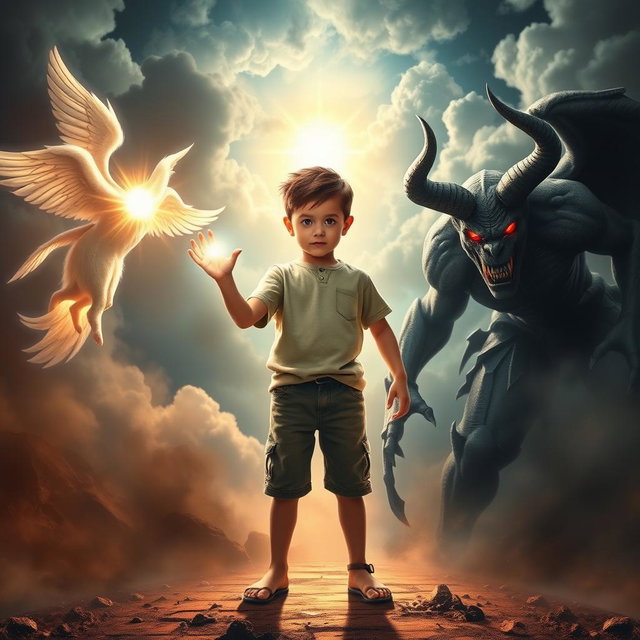 A dramatic scene depicting a young boy standing confidently between two contrasting forces, his right hand glowing with brilliant light representing the power of good, and his left hand shrouded in dark shadows symbolizing the power of evil