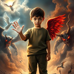 A dramatic scene depicting a young boy standing confidently between two contrasting forces, his right hand glowing with brilliant light representing the power of good, and his left hand shrouded in dark shadows symbolizing the power of evil
