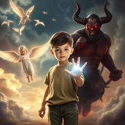A dramatic scene depicting a young boy standing confidently between two contrasting forces, his right hand glowing with brilliant light representing the power of good, and his left hand shrouded in dark shadows symbolizing the power of evil