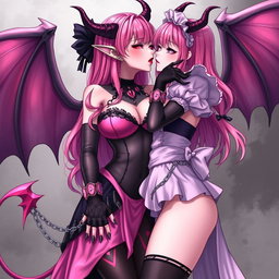 A realistic depiction of a sexy dominant gothic anime succubus girl with wings, thin horns, and a tail, showcasing a flustered, subtle smile with blush