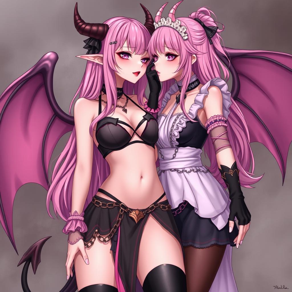 A realistic depiction of a sexy dominant gothic anime succubus girl with wings, thin horns, and a tail, showcasing a flustered, subtle smile with blush