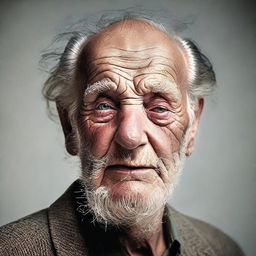 Rework the portrait to heighten the drama and aesthetic appeal. Capture an elderly, award-winning man, every wrinkle telling a unique story, his eyes burning with intensity of a hard yet victorious life, and smoke dancing around his weathered hands.