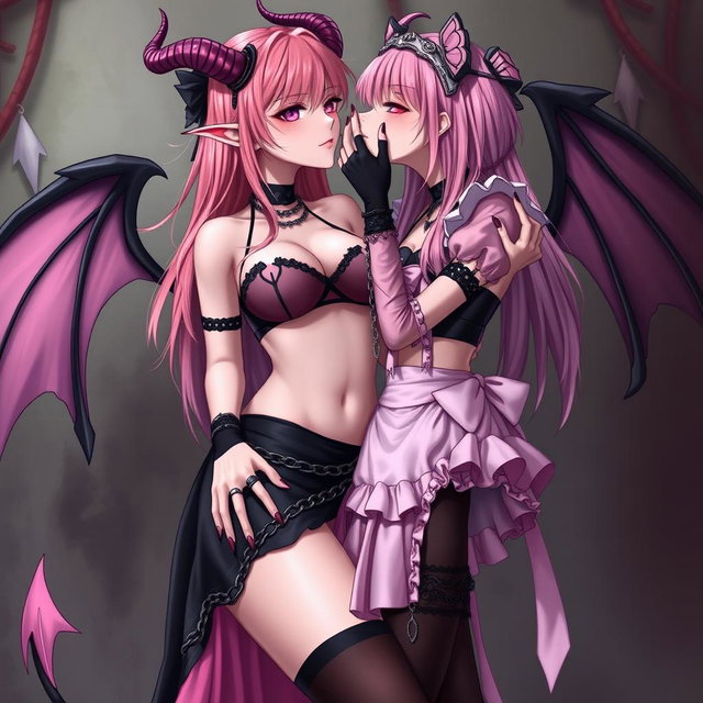 A realistic depiction of a sexy dominant gothic anime succubus girl with wings, thin horns, and a tail, showcasing a flustered, subtle smile with blush