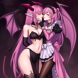 A realistic depiction of a sexy dominant gothic anime succubus girl with wings, thin horns, and a tail, showcasing a flustered, subtle smile with blush