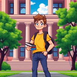 A vibrant and detailed pixel art representation of a university student