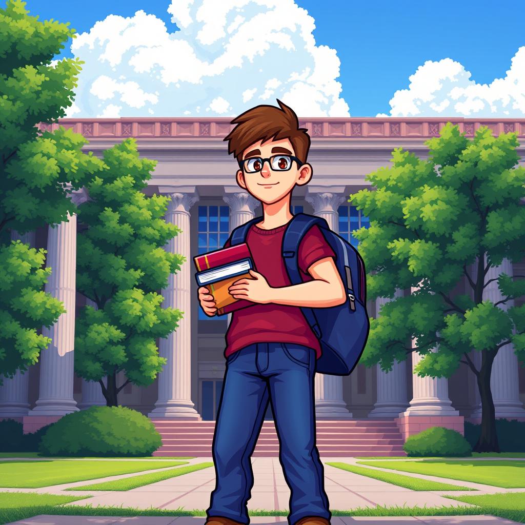 A vibrant and detailed pixel art representation of a university student