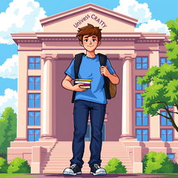 A vibrant and detailed pixel art representation of a university student
