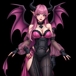 A realistic depiction of a sexy dominatrix gothic anime succubus girl with wings, thin horns, and a tail