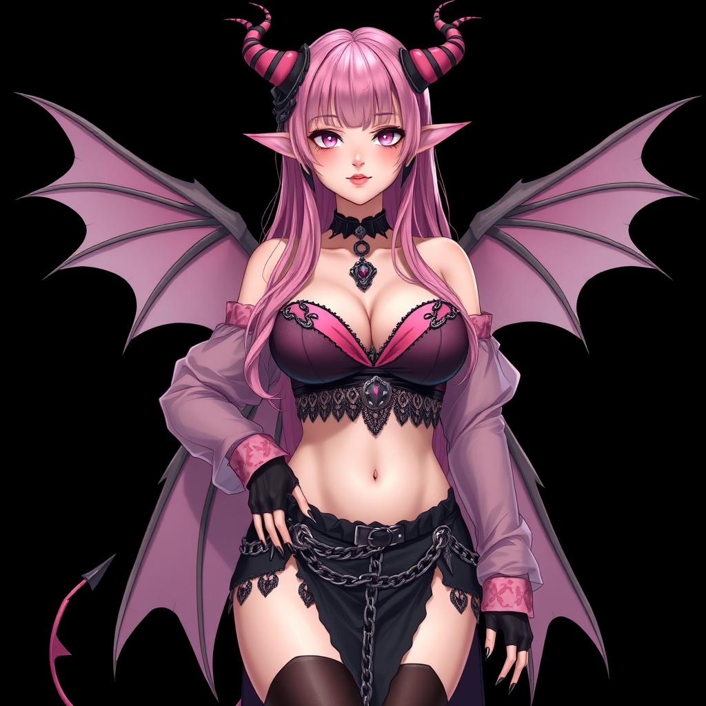 A realistic depiction of a sexy dominatrix gothic anime succubus girl with wings, thin horns, and a tail