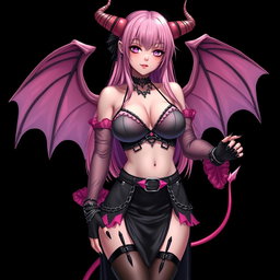 A realistic depiction of a sexy dominatrix gothic anime succubus girl with wings, thin horns, and a tail