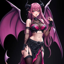 A realistic depiction of a sexy dominatrix gothic anime succubus girl with wings, thin horns, and a tail