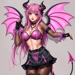 A realistic portrayal of a sexy dominatrix gothic anime succubus girl with wings, thin horns, and a tail