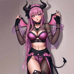 A realistic portrayal of a sexy dominatrix gothic anime succubus girl with wings, thin horns, and a tail