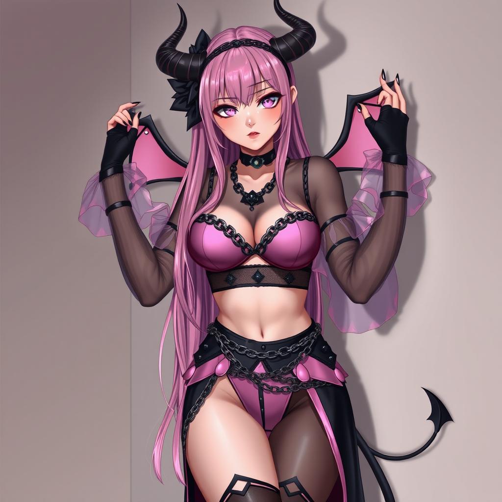 A realistic portrayal of a sexy dominatrix gothic anime succubus girl with wings, thin horns, and a tail