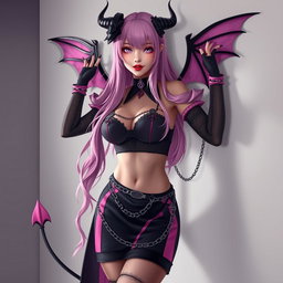 A realistic portrayal of a sexy dominatrix gothic anime succubus girl with wings, thin horns, and a tail