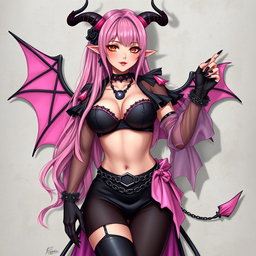 A realistic portrayal of a sexy dominatrix gothic anime succubus girl with wings, thin horns, and a tail