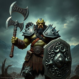 A fierce half-orc soldier standing in a battle-ready stance, showcasing detailed armor adorned with spikes and emblems of his clan