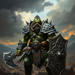 A fierce half-orc soldier standing in a battle-ready stance, showcasing detailed armor adorned with spikes and emblems of his clan