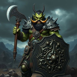 A fierce half-orc soldier standing in a battle-ready stance, showcasing detailed armor adorned with spikes and emblems of his clan