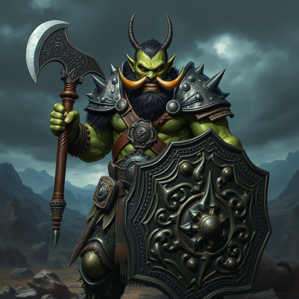 A fierce half-orc soldier standing in a battle-ready stance, showcasing detailed armor adorned with spikes and emblems of his clan