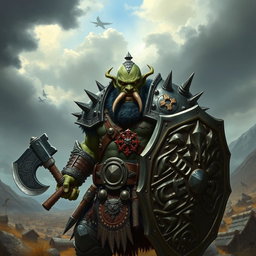A fierce half-orc soldier standing in a battle-ready stance, showcasing detailed armor adorned with spikes and emblems of his clan