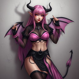 A realistic portrayal of a sexy dominatrix gothic anime succubus girl with wings, thin horns, and a tail