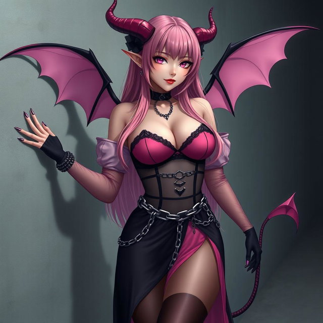 A realistic portrayal of a sexy dominatrix gothic anime succubus girl with wings, thin horns, and a tail