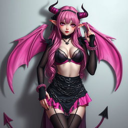 A realistic portrayal of a sexy dominatrix gothic anime succubus girl with wings, thin horns, and a tail