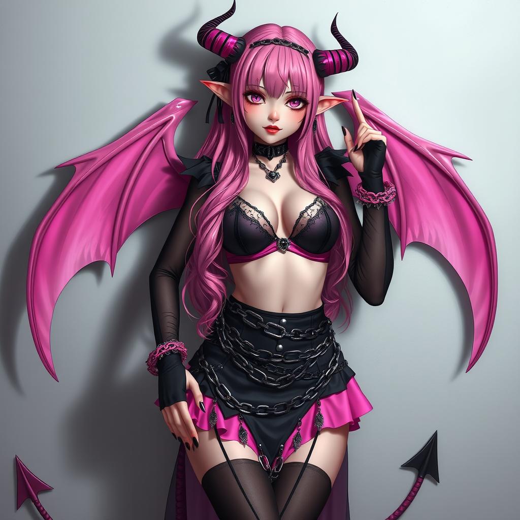A realistic portrayal of a sexy dominatrix gothic anime succubus girl with wings, thin horns, and a tail