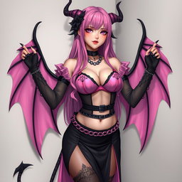 A realistic portrayal of a sexy dominatrix gothic anime succubus girl with wings, thin horns, and a tail