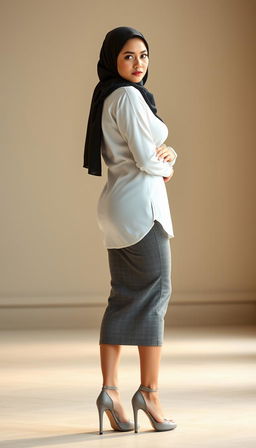A stunning full-body photo of a confident woman, approximately 40 years old, standing with her back slightly turned to showcase her profile while looking directly into the camera