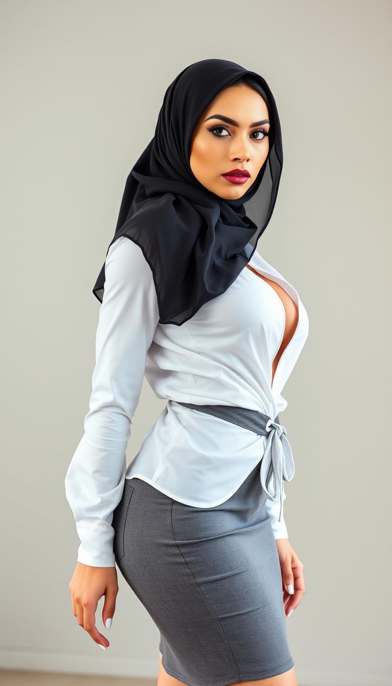 A stunning full-body photo of a confident woman, approximately 40 years old, standing with her back slightly turned to showcase her profile while looking directly into the camera