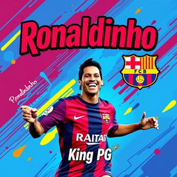 A vibrant and energetic song cover featuring Ronaldinho Gaucho in his iconic Barcelona jersey, showcasing his signature playful smile and flair