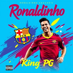 A vibrant and energetic song cover featuring Ronaldinho Gaucho in his iconic Barcelona jersey, showcasing his signature playful smile and flair