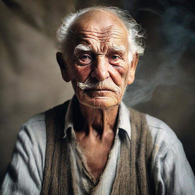 Rework the portrait to heighten the drama and aesthetic appeal. Capture an elderly, award-winning man, every wrinkle telling a unique story, his eyes burning with intensity of a hard yet victorious life, and smoke dancing around his weathered hands.