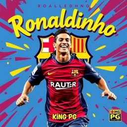 A vibrant and energetic song cover featuring Ronaldinho Gaucho in his iconic Barcelona jersey, showcasing his signature playful smile and flair