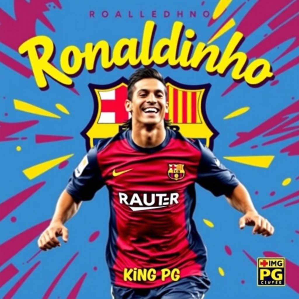 A vibrant and energetic song cover featuring Ronaldinho Gaucho in his iconic Barcelona jersey, showcasing his signature playful smile and flair