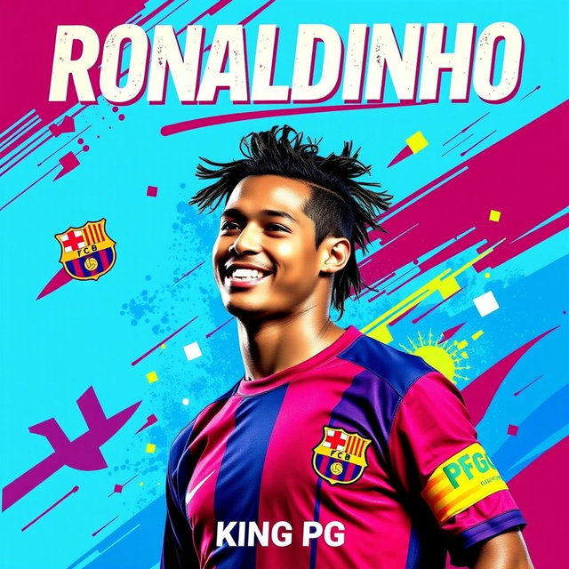 A vibrant and energetic song cover featuring Ronaldinho Gaucho in his iconic Barcelona jersey, showcasing his signature playful smile and flair
