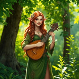 A half-elf female bard standing in a vibrant forest clearing, with lush greenery surrounding her