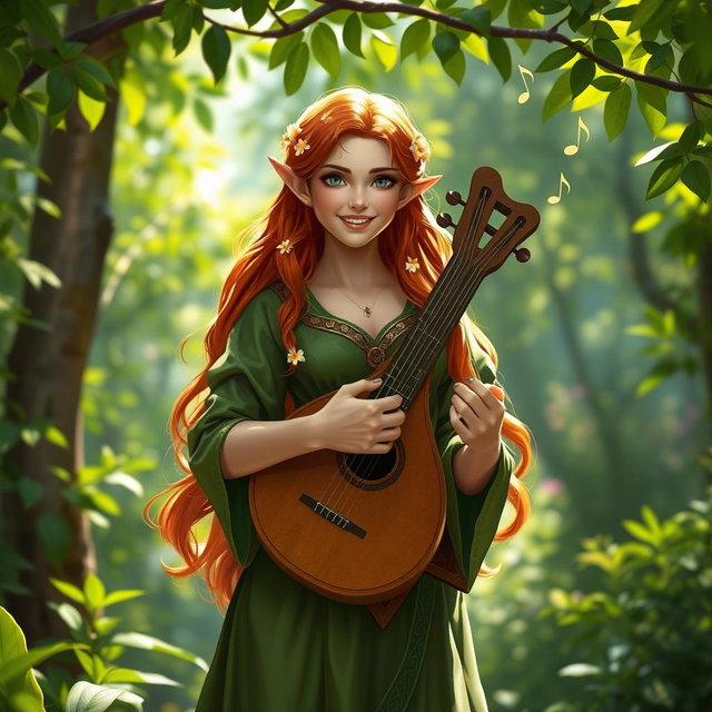 A half-elf female bard standing in a vibrant forest clearing, with lush greenery surrounding her