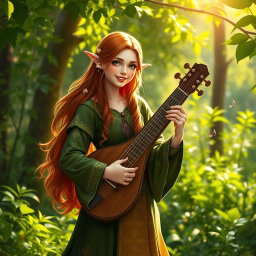 A half-elf female bard standing in a vibrant forest clearing, with lush greenery surrounding her