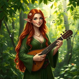 A half-elf female bard standing in a vibrant forest clearing, with lush greenery surrounding her