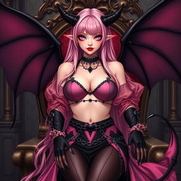 A realistic portrayal of a sexy dominatrix gothic anime succubus girl with wings, thin horns, and a tail
