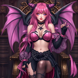 A realistic portrayal of a sexy dominatrix gothic anime succubus girl with wings, thin horns, and a tail