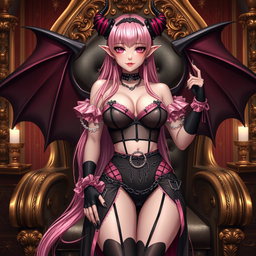 A realistic portrayal of a sexy dominatrix gothic anime succubus girl with wings, thin horns, and a tail