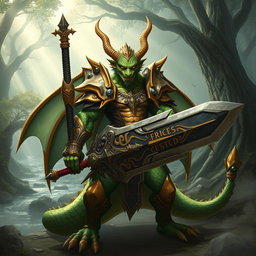 A fierce dragonkin warrior, standing proudly in a fantasy landscape