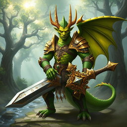 A fierce dragonkin warrior, standing proudly in a fantasy landscape