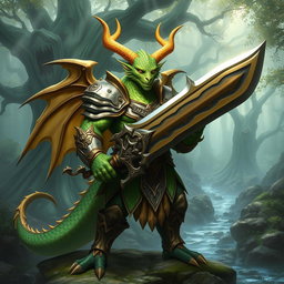 A fierce dragonkin warrior, standing proudly in a fantasy landscape