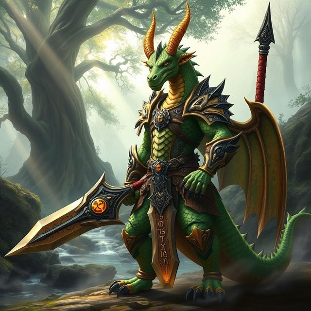 A fierce dragonkin warrior, standing proudly in a fantasy landscape